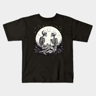 Gothic Skeleton Lovers, Eternal Love, Moon Black & White Illustration Kids T-Shirt